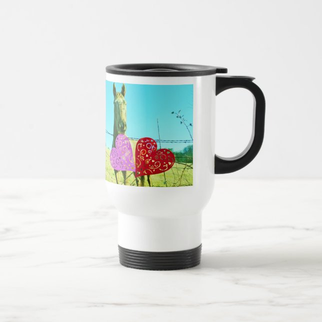 Blonde horse and Pink and Red Hearts Travel Mug (Right)
