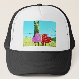 Blonde horse and Pink and Red Hearts Trucker Hat