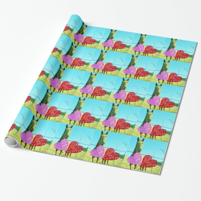 Blonde horse and Pink and Red Hearts Wrapping Paper (Unrolled)