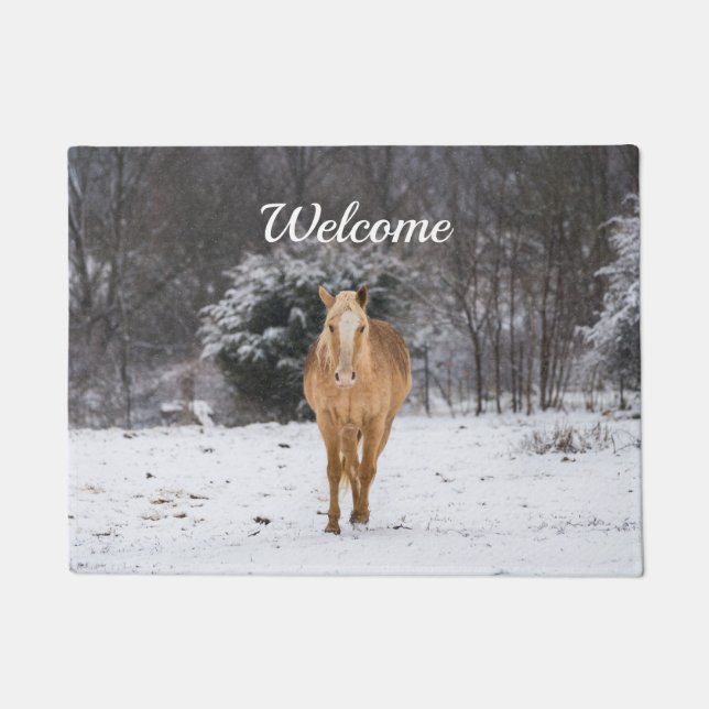 Blonde Horse Walk In The Snow Welcome Doormat (Front)