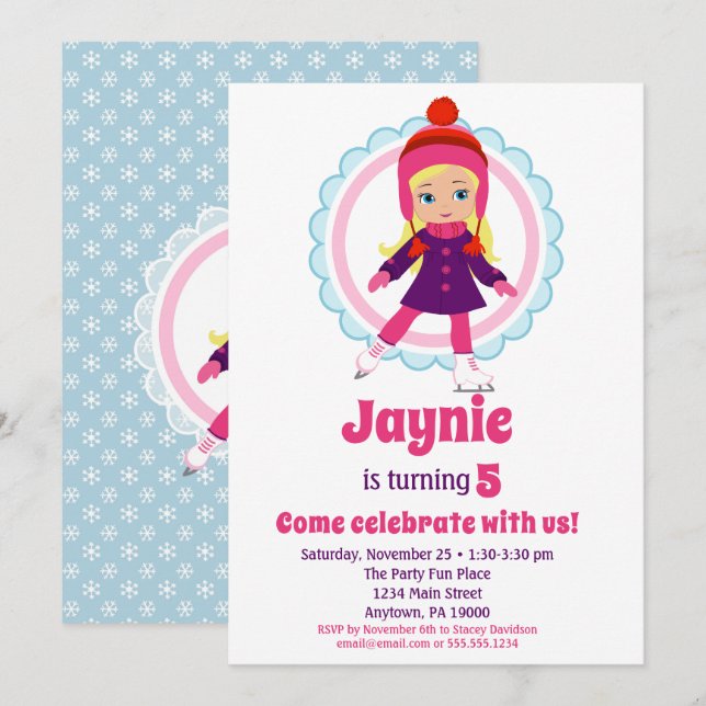 Blonde Ice Skater Birthday Party Invitation (Front/Back)