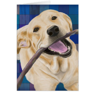 Blonde Labrador Smiling with Joy, Chewing a Stick