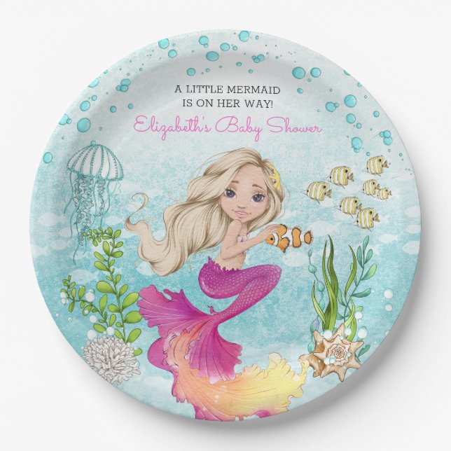 Blonde Little Mermaid Baby Shower Paper Plates (Front)