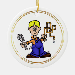 Blonde Male Plumber with Copper Pipes Ornament