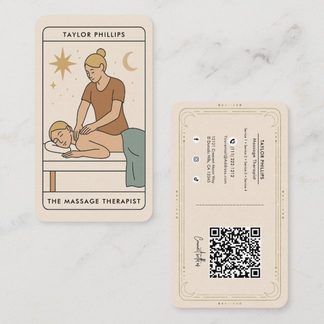 Blonde Massage Therapist Tarot Social Media QR Business Card (Front/Back)