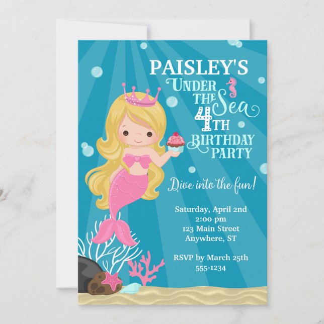Blonde Mermaid 4TH Birthday Invitation (Front)