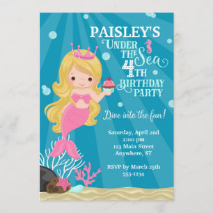 Blonde Mermaid 4TH Birthday Invitation