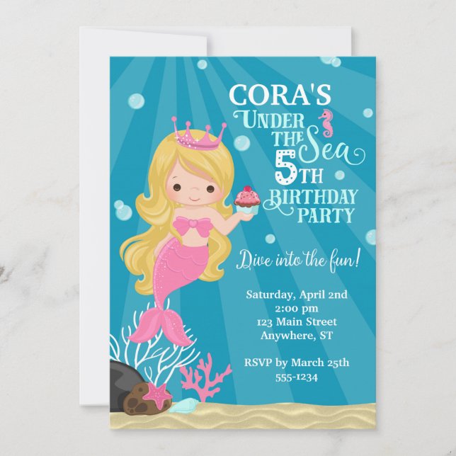 Blonde Mermaid 5TH Birthday Invitation (Front)