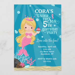 Blonde Mermaid 5TH Birthday Invitation