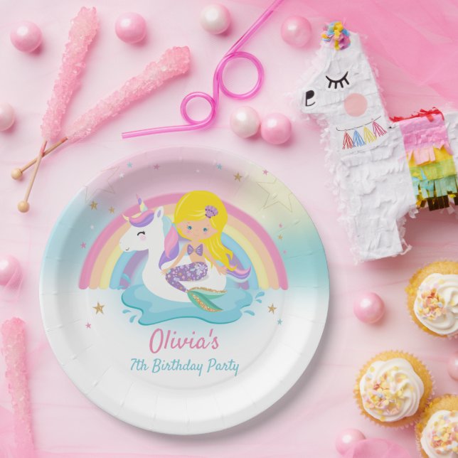 Blonde Mermaid and Unicorn Pool Birthday Party  Paper Plate (Party)