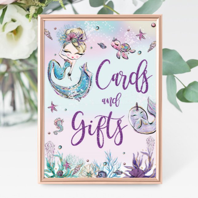 Blonde Mermaid Birthday Baby Shower Cards & Gifts  Poster (zazzle-mermaid-blonde-girl-under-the-sea-ocean-pool-1st-birthday-baby-shower-cards-and-gifts-sign)