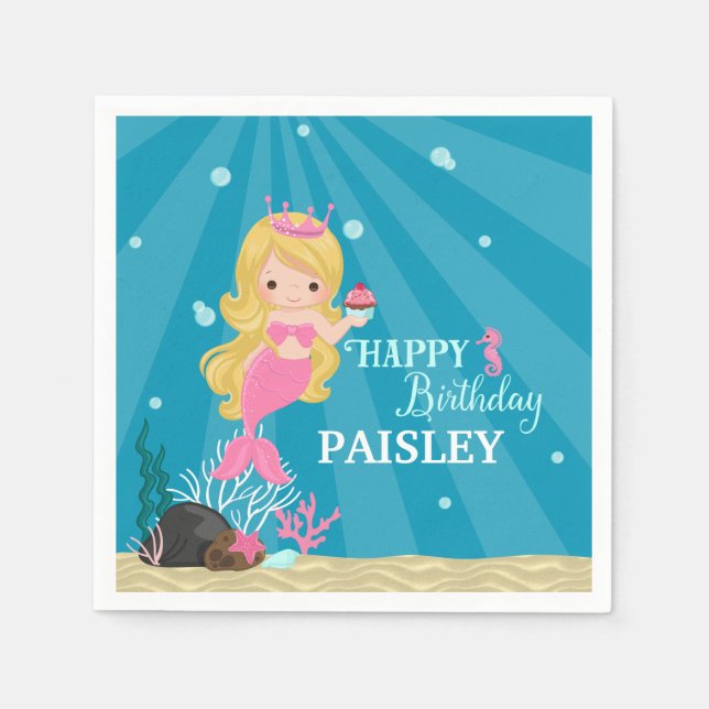 Blonde Mermaid Birthday Napkin (Front)