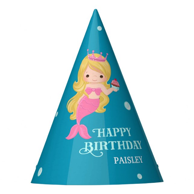 Blonde Mermaid Birthday Party Hat - Personalised (Front)