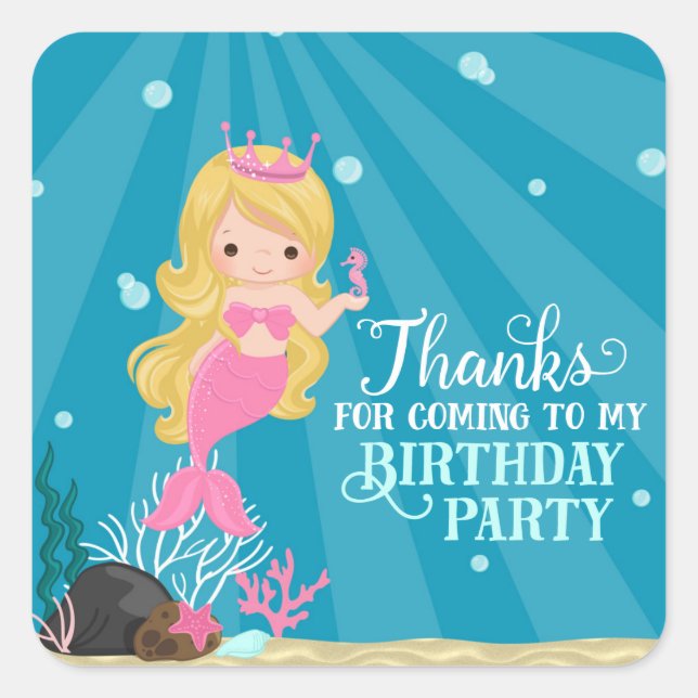 Blonde Mermaid Birthday Square Sticker (Front)