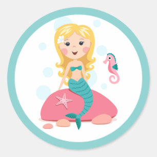 Blonde mermaid cartoon girl with starfish seahorse classic round sticker