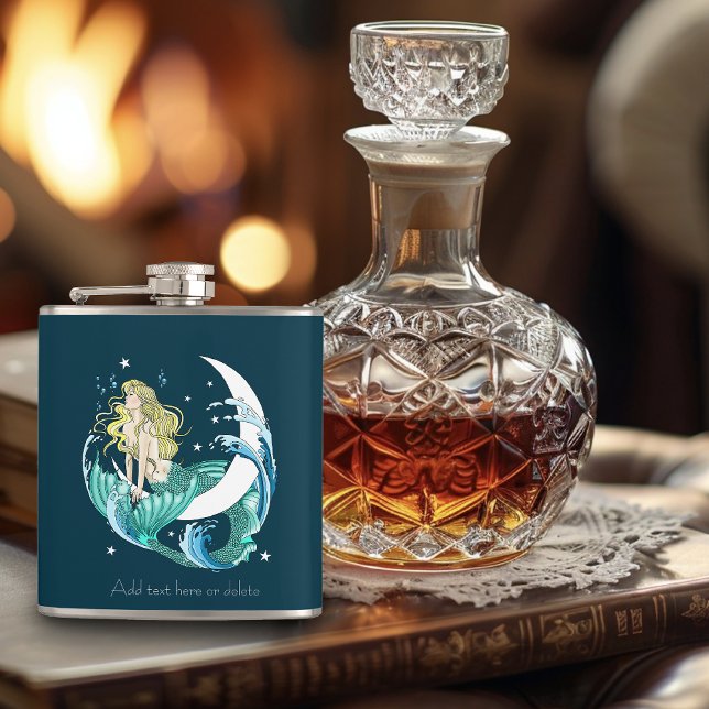 Blonde Mermaid Crescent Moon Fantasy Art Deco Hip Flask (Creator Uploaded)