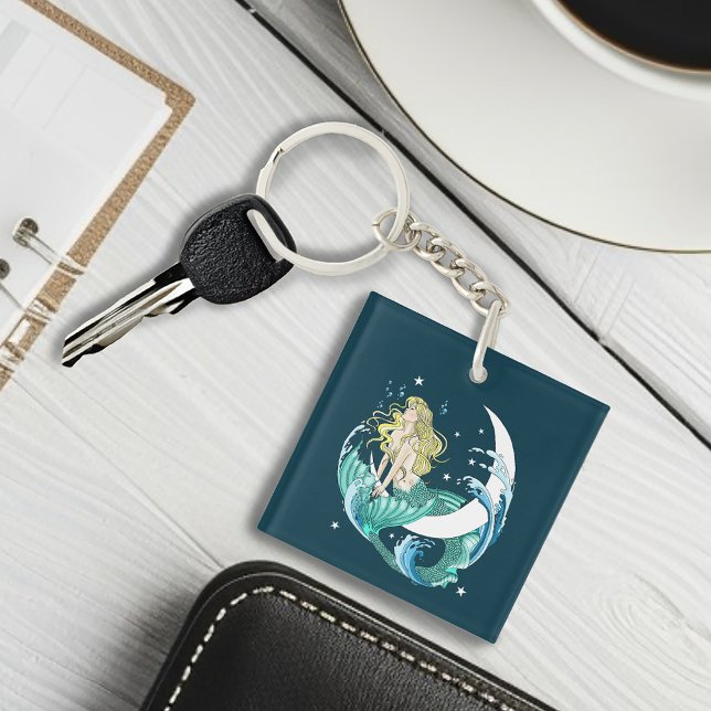 Blonde Mermaid Crescent Moon Fantasy Art Deco Key Ring (Creator Uploaded)