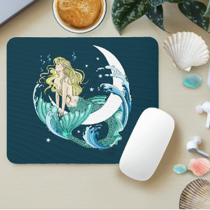 Blonde Mermaid Crescent Moon Fantasy Art Deco Mouse Mat