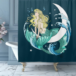 Blonde Mermaid Crescent Moon Fantasy Art Deco Shower Curtain