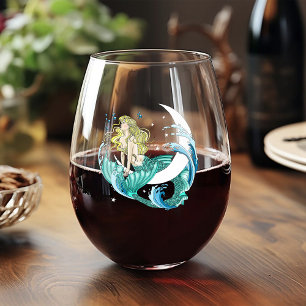Blonde Mermaid Crescent Moon Fantasy Art Deco Stemless Wine Glass