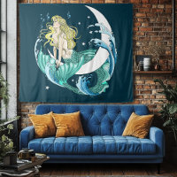 Blonde Mermaid Crescent  Moon Fantasy Art Deco