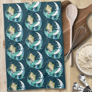 Blonde Mermaid Crescent Moon Fantasy Art Deco Tea Towel