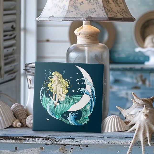 Blonde Mermaid Crescent Moon Fantasy Art Deco Tile (Creator Uploaded)
