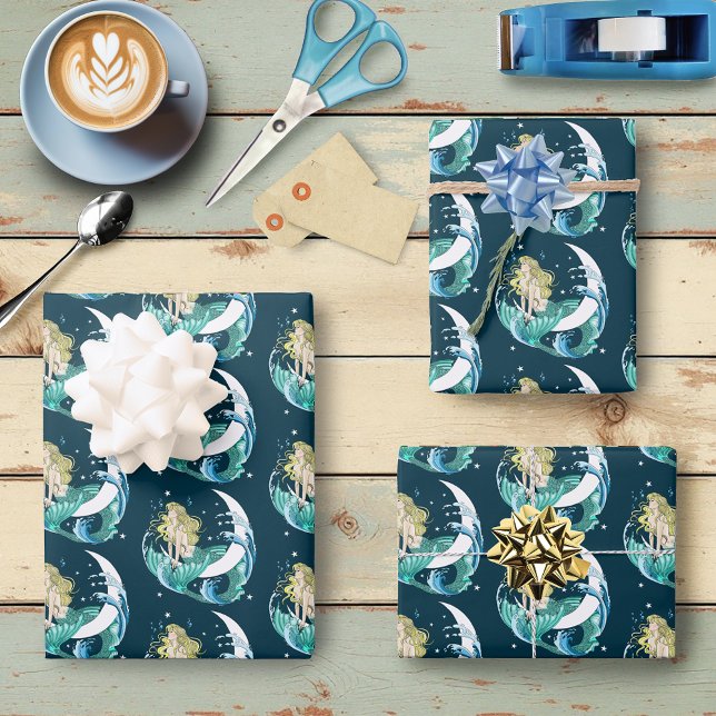 Blonde Mermaid Crescent Moon Fantasy Art Deco Wrapping Paper Sheet (Creator Uploaded)