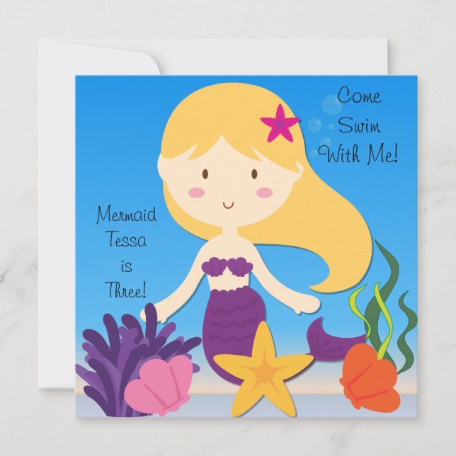 Blonde  Mermaid Custom Birthday Invitation (Front)