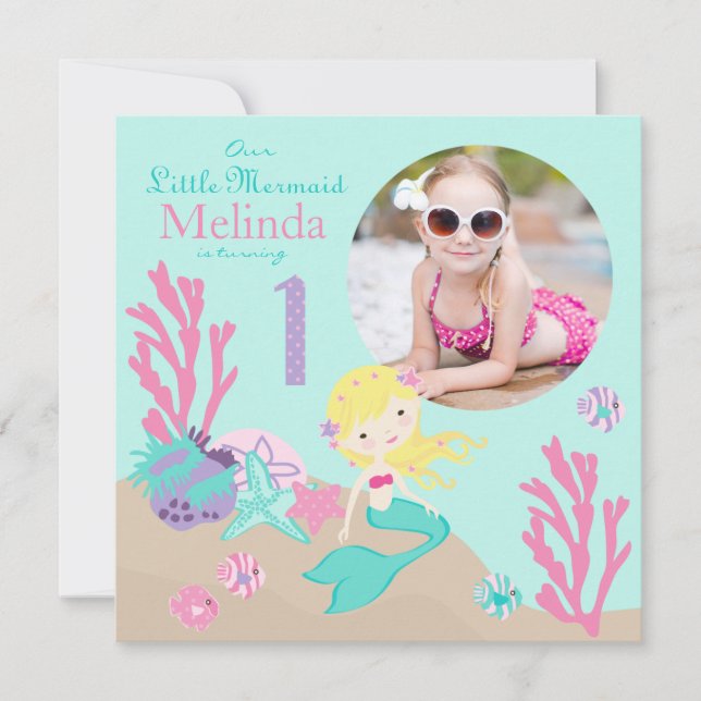 Blonde Mermaid First Birthday Invitation (Front)