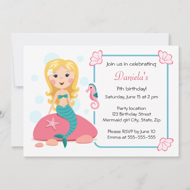 Blonde mermaid girl cute girly birthday invitation (Front)