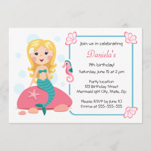 Blonde mermaid girl cute girly birthday invitation