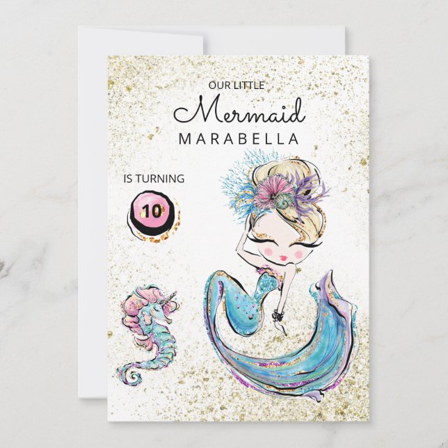 *~* Blonde Mermaid Gold Glitter Hair Birthday Invitation (Front)