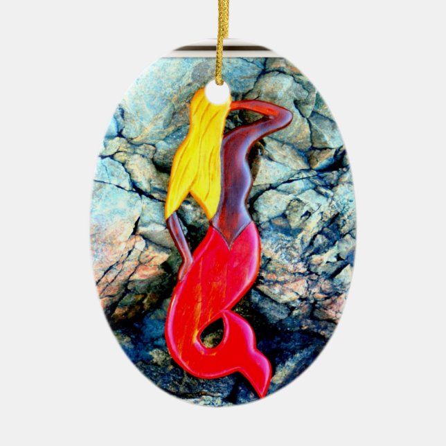 blonde mermaid in red ceramic tree decoration (Front)