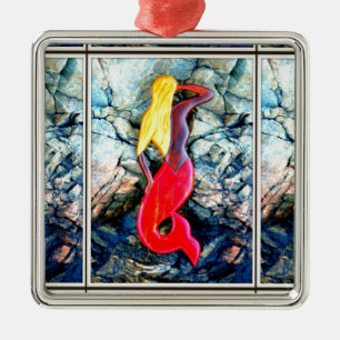 blonde mermaid in red granite metal tree decoration