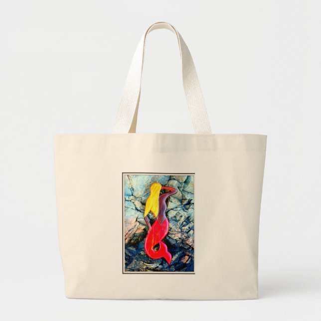 blonde mermaid in red large tote bag (Front)