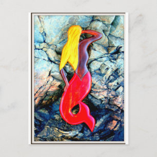 blonde mermaid in red postcard