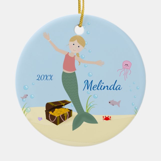 Blonde Mermaid Keepsake Ceramic Tree Decoration (Front)