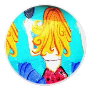 blonde mermaid looking in mirror ceramic knob