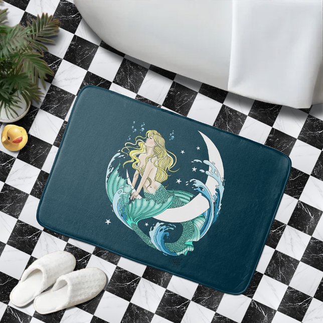Blonde Mermaid Moon Fantasy Art Deco Bath Mat (Creator Uploaded)