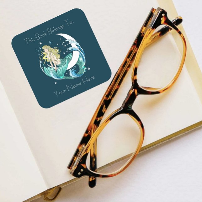 Blonde Mermaid Moon Fantasy Art Deco Bookplate Square Sticker (Creator Uploaded)