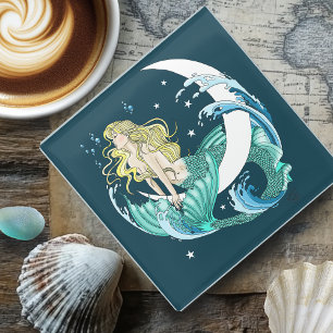 Blonde Mermaid Moon Fantasy Art Deco Glass Coaster