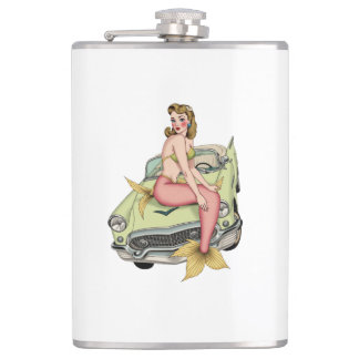 Blonde Mermaid on Vintage Green Car Watercolor Ill Hip Flask