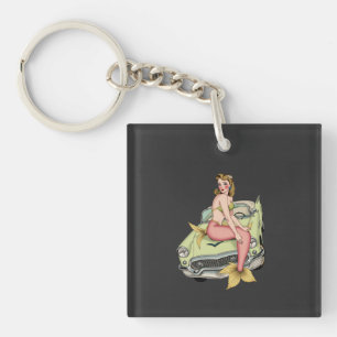 Blonde Mermaid on Vintage Green Car Watercolor Ill Key Ring
