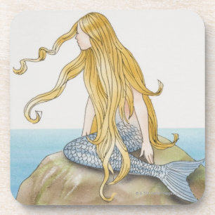 Blonde mermaid sitting on sea rock, side view. coaster