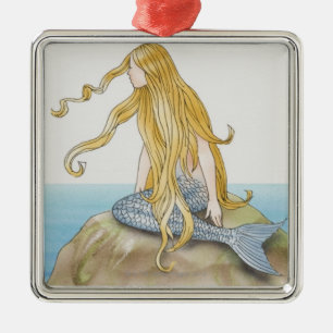Blonde mermaid sitting on sea rock, side view. metal tree decoration