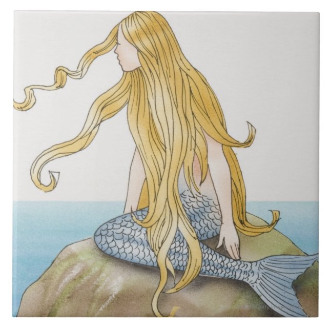 Blonde mermaid sitting on sea rock, side view. tile (Front)