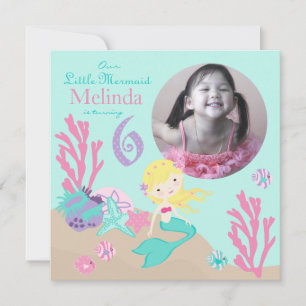 Blonde Mermaid Sixth Birthday Invitation