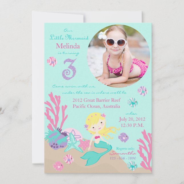 Blonde Mermaid Third Birthday Invitation (Front)
