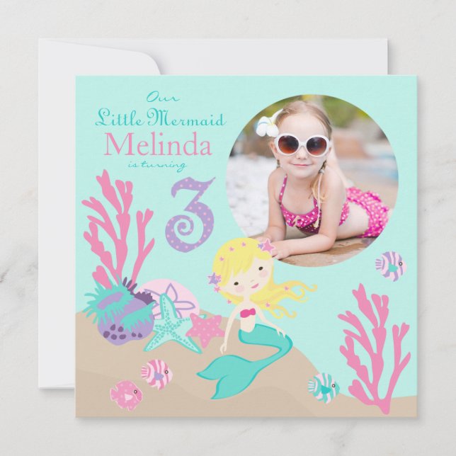 Blonde Mermaid Third Birthday Invitation (Front)